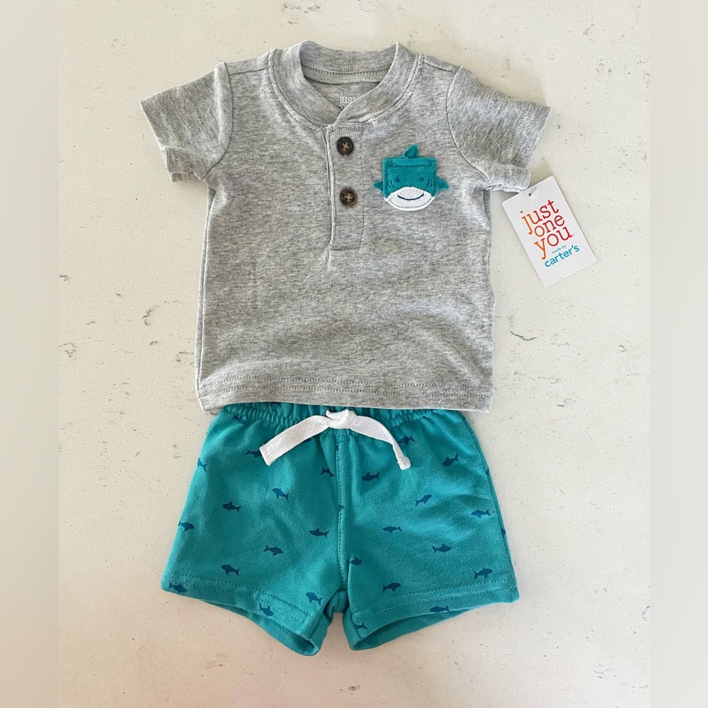 CARTER’S Just One You Baby Boy Shark Shorts TShirt Set Size NB NWT
